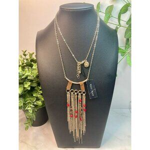 White House Black Market Gold Fringe Necklace With Red Bead Accents -303